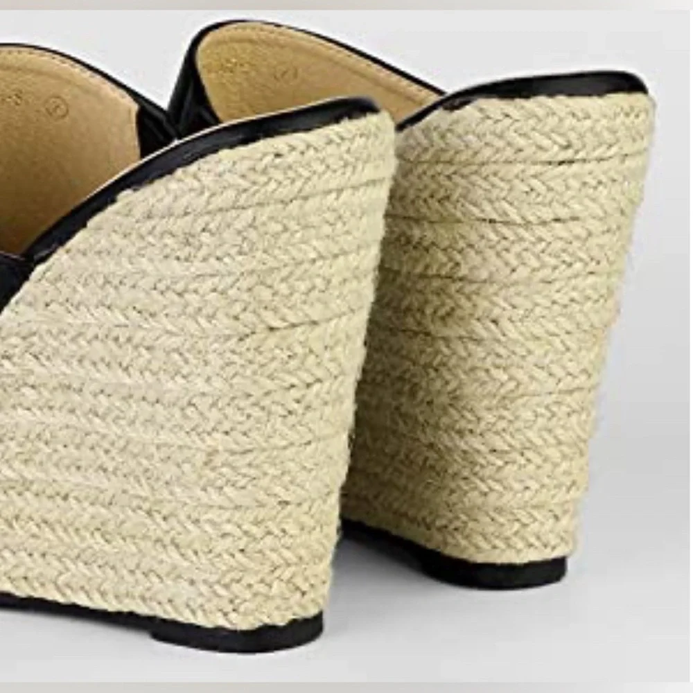 Allegra K Slip on Platform Sandals Espadrilles Wedges Slides Mules, Black 9